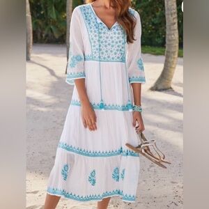 Soft surroundings size Medium juniper dress womens white blue embroidered - NWT
